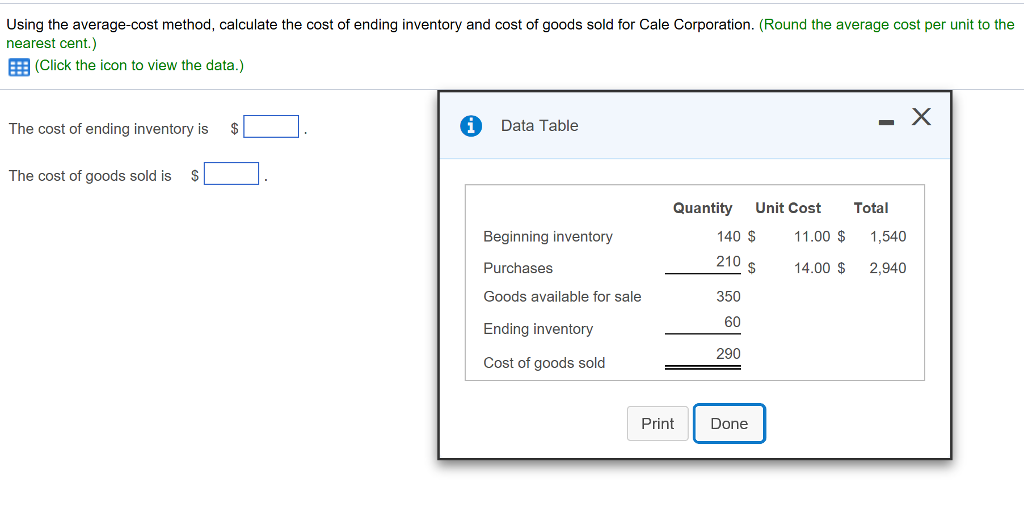  Using the average-cost method, calculate the cost of ending inventory and