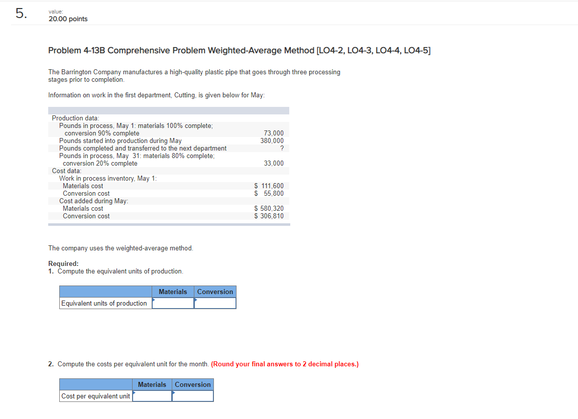 Problem 4-13B Comprehensive Problem Weighted-Average Method [LO4-2, LO4-3, LO4-4, LO4-5] The Barrington