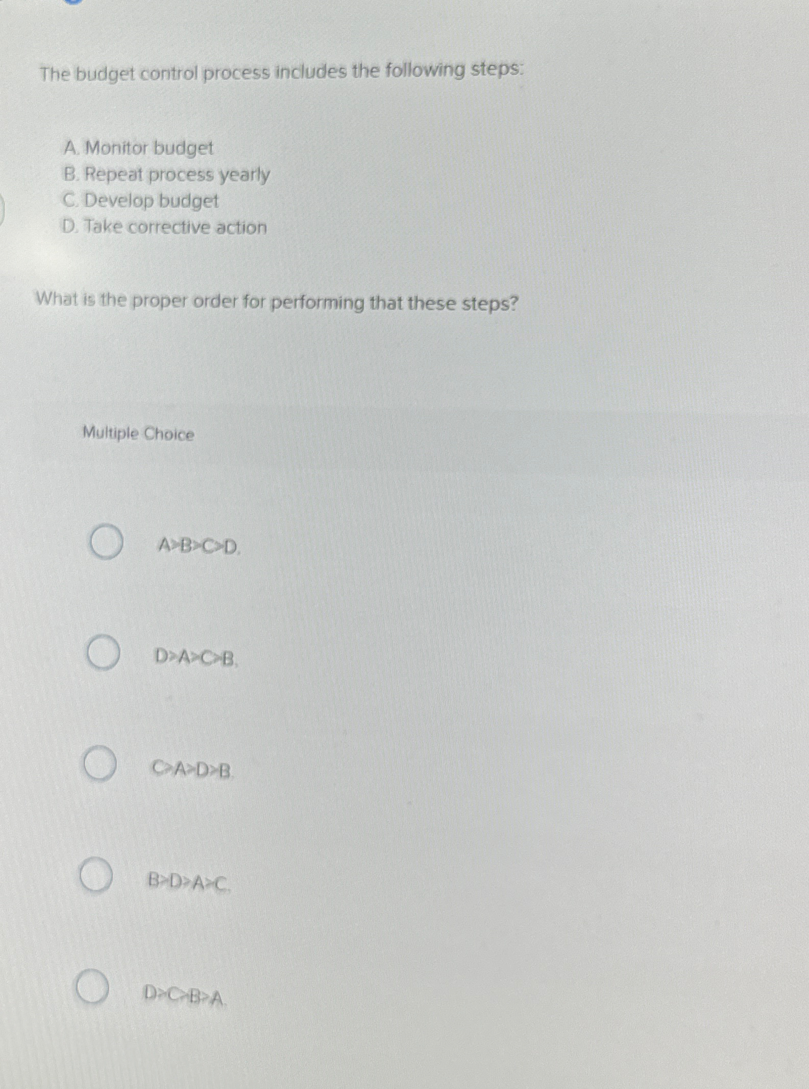  The budget control process includes the following steps: A. Monitor budget