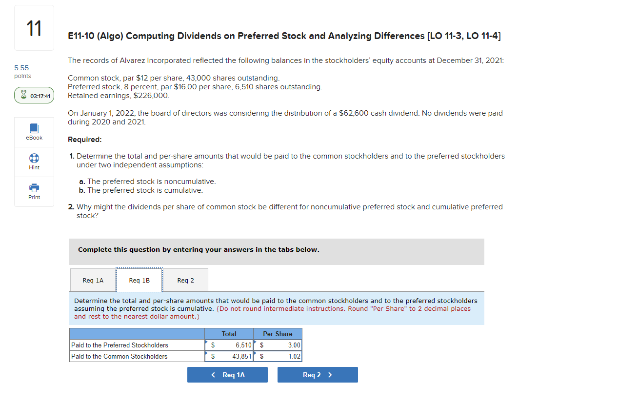 E11-10 (Algo) Computing Dividends on Preferred Stock and Analyzing Differences [LO 11-3,