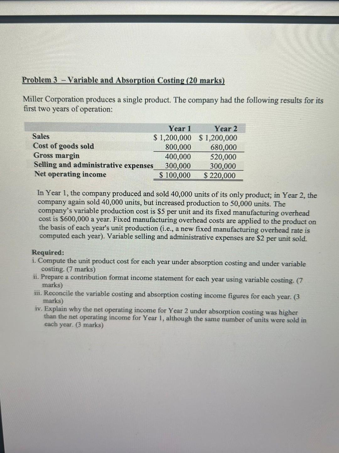 Problem 3 - Variable and Absorption Costing (20 marks) Miller Corporation