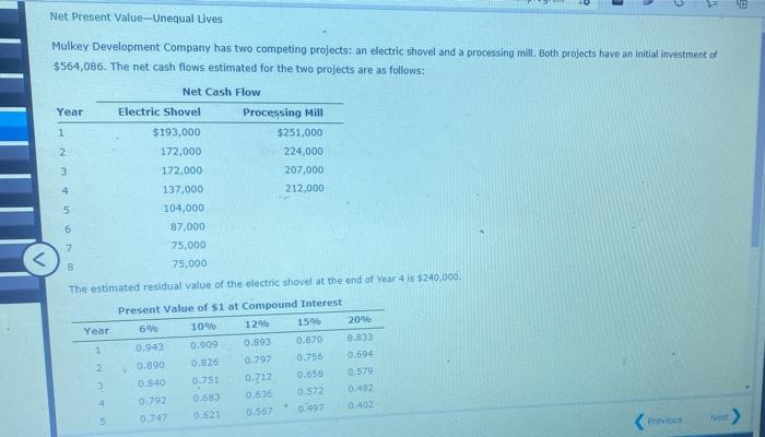  le Net Present Value-Unequal Lives Mulkey Development Company has two competing