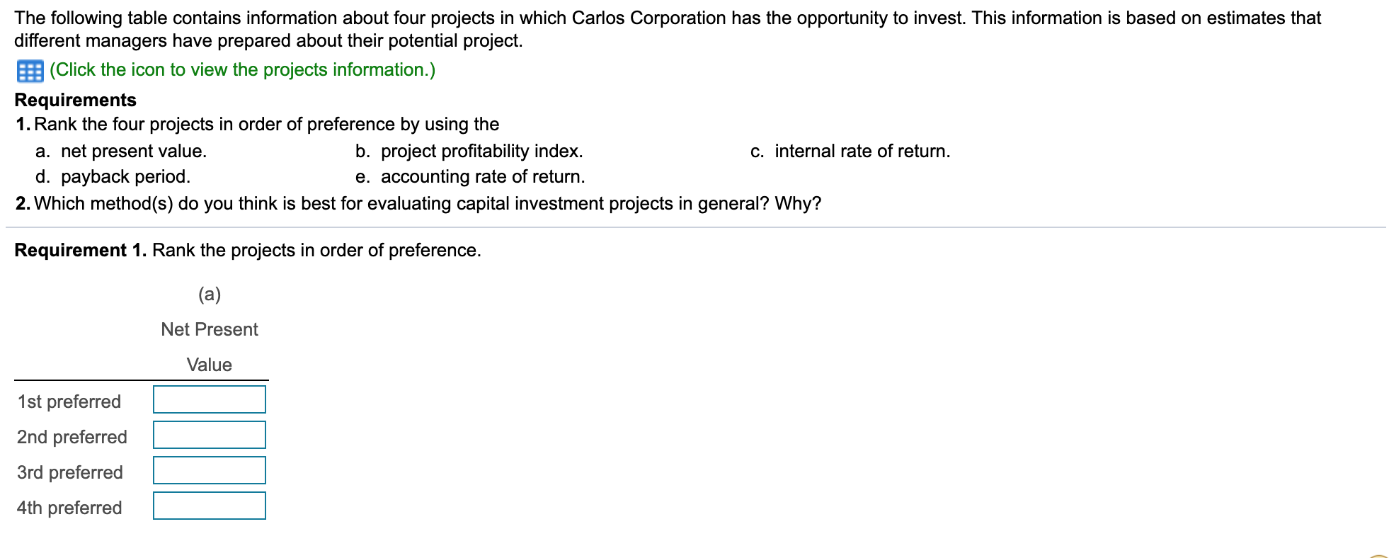  The following table contains information about four projects in which Carlos