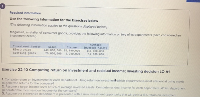  Required information Use the following information for the Exercises below The