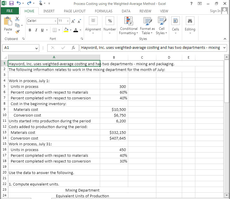 XUS - ? Process Costing using the Weighted-Average Method - Excel