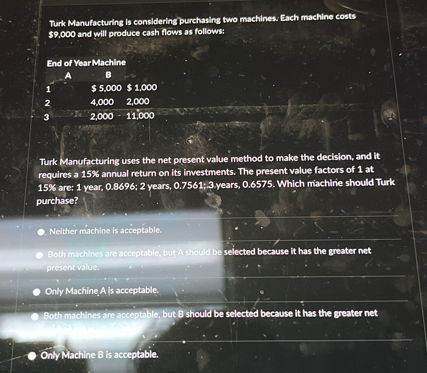  Turk Manufacturing is considering purchasing two machines: Each machine costs $9,000