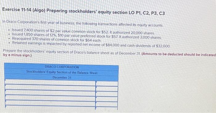  Exercise 11-14 (Algo) Preparing stockholders' equity section LO P1, C2, P3,