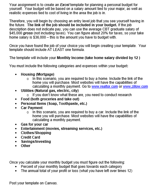  Your assignment is to create an Excel template for planning a