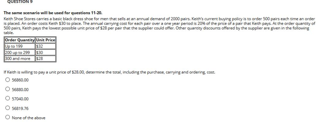 sells at an annual demand of 2000 pairs. Keith's current buying policy