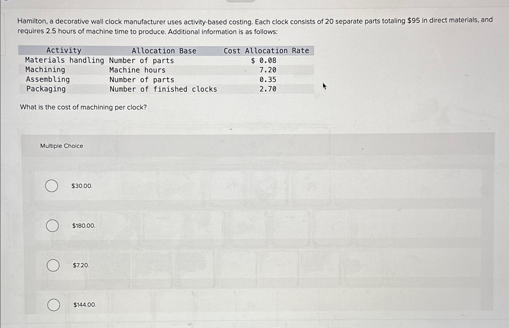  Hamilton, a decorative wall clock manufacturer uses activity-based costing. Each clock
