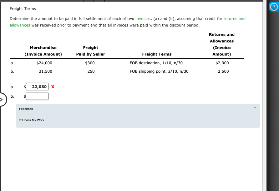  Freight Terms ? Determine the amount to be paid in full