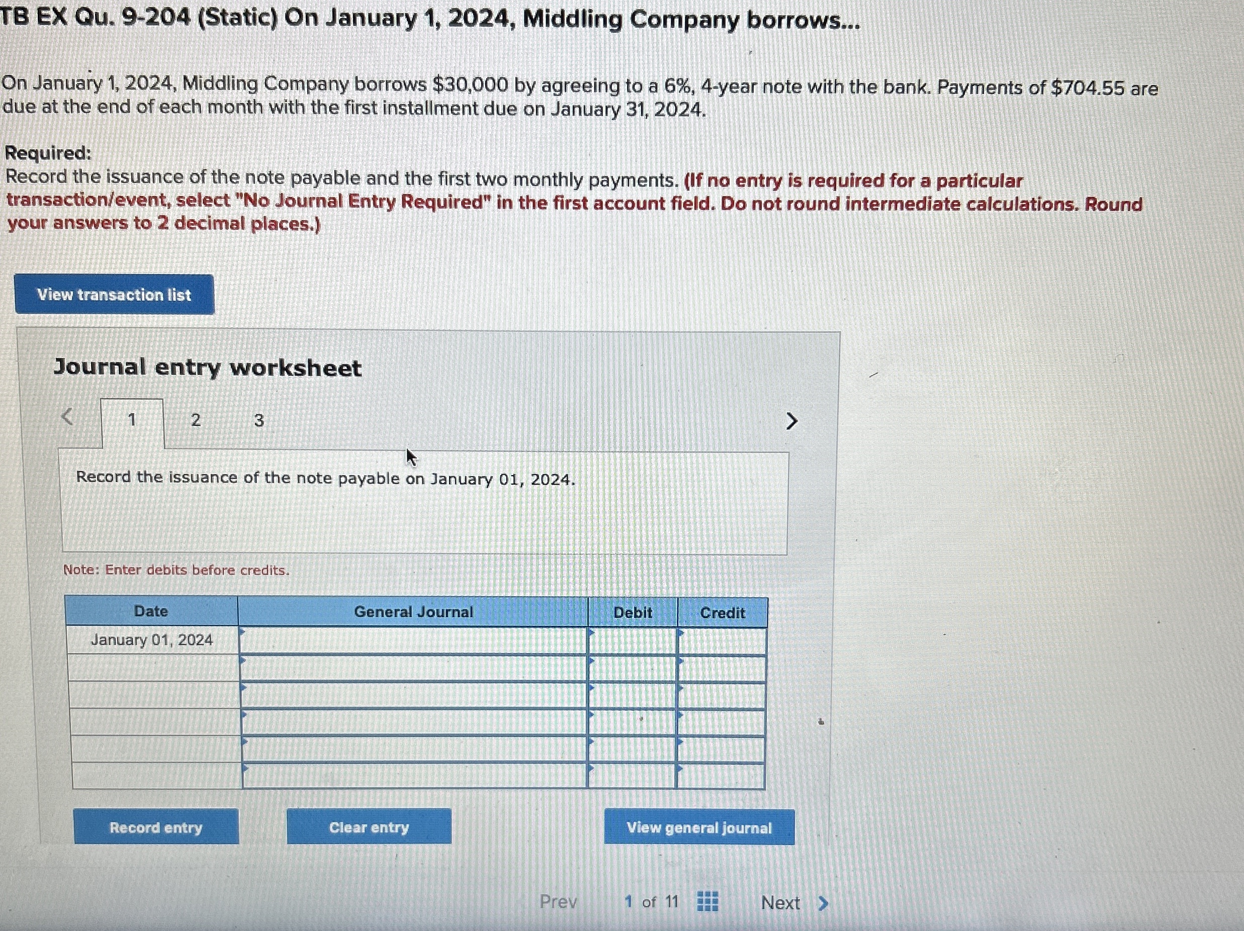  TB EX Qu.9-204(Static) On January 1,2024, Middling Company borrows... On January