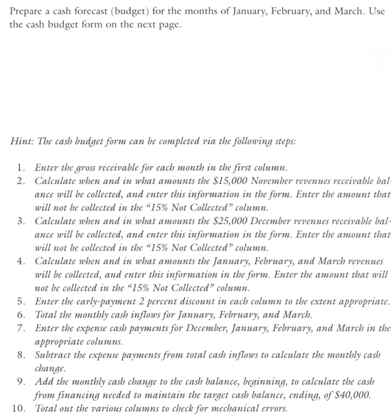  Show me the steps to solve \table[[Description,\table[[Gross],[Receivable]],\table[[January],[Collections]],\table[[February],[Collections]],\table[[March],[Collections]],\table[[Total Collected],[Excluding 2%],[Discount]],\table[[15% Not],[Collected]],\table[[Remaining],[Receivable],[Balance]]],[November Receivables],[December