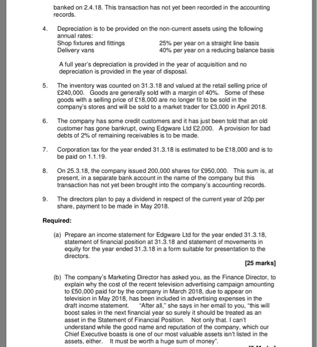 financial position, equity statement Edgware Ltd retails clothes from several shops in