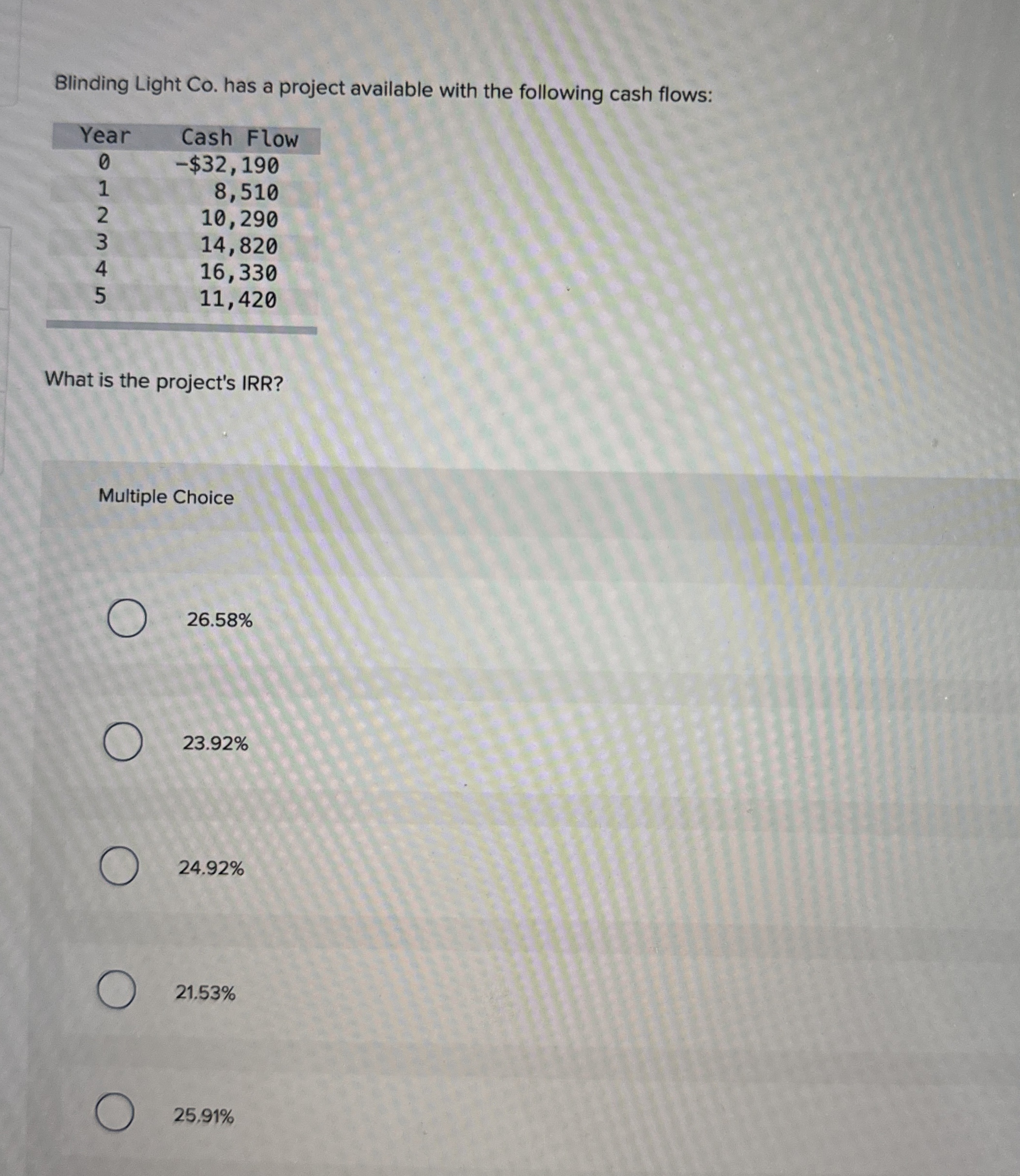  Blinding Light Co. has a project available with the following cash