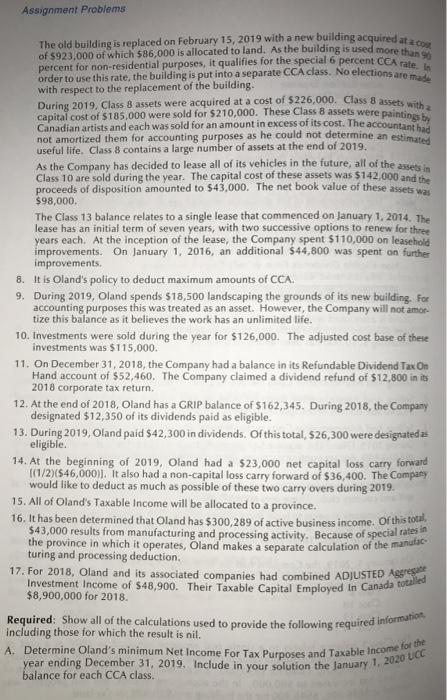 Corporate Tax Payable With CCA) year ending December 31, 2019, the Income