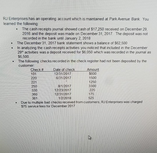  RJ Enterprises has an operating account which is maintained at Park