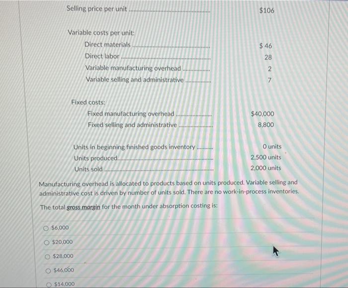  Selling price per unit $106 Variable costs per unit: Direct materials