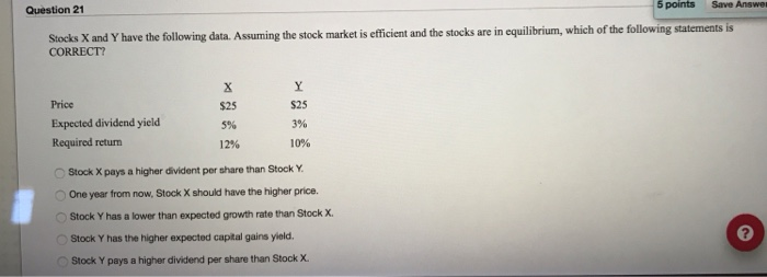  5 points Save Answer Question 21 Stocks X and Y have