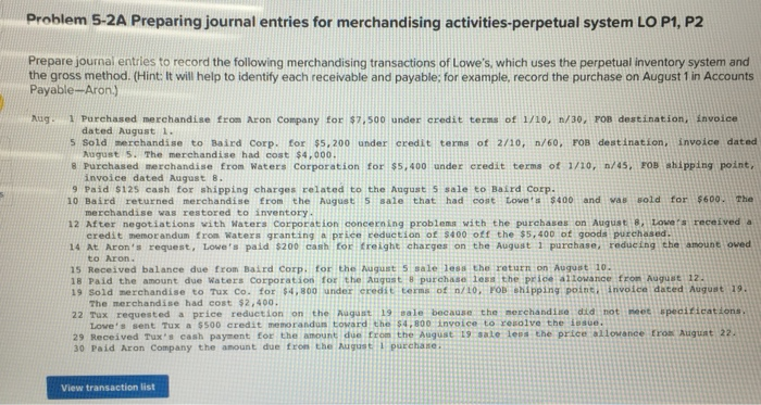  Problem 5-2A Preparing journal entries for merchandising activities-perpetual system LO P1,