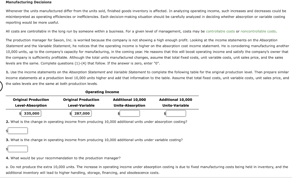 costs are included in the cost of goods sold. Saxon, Inc. Absorption