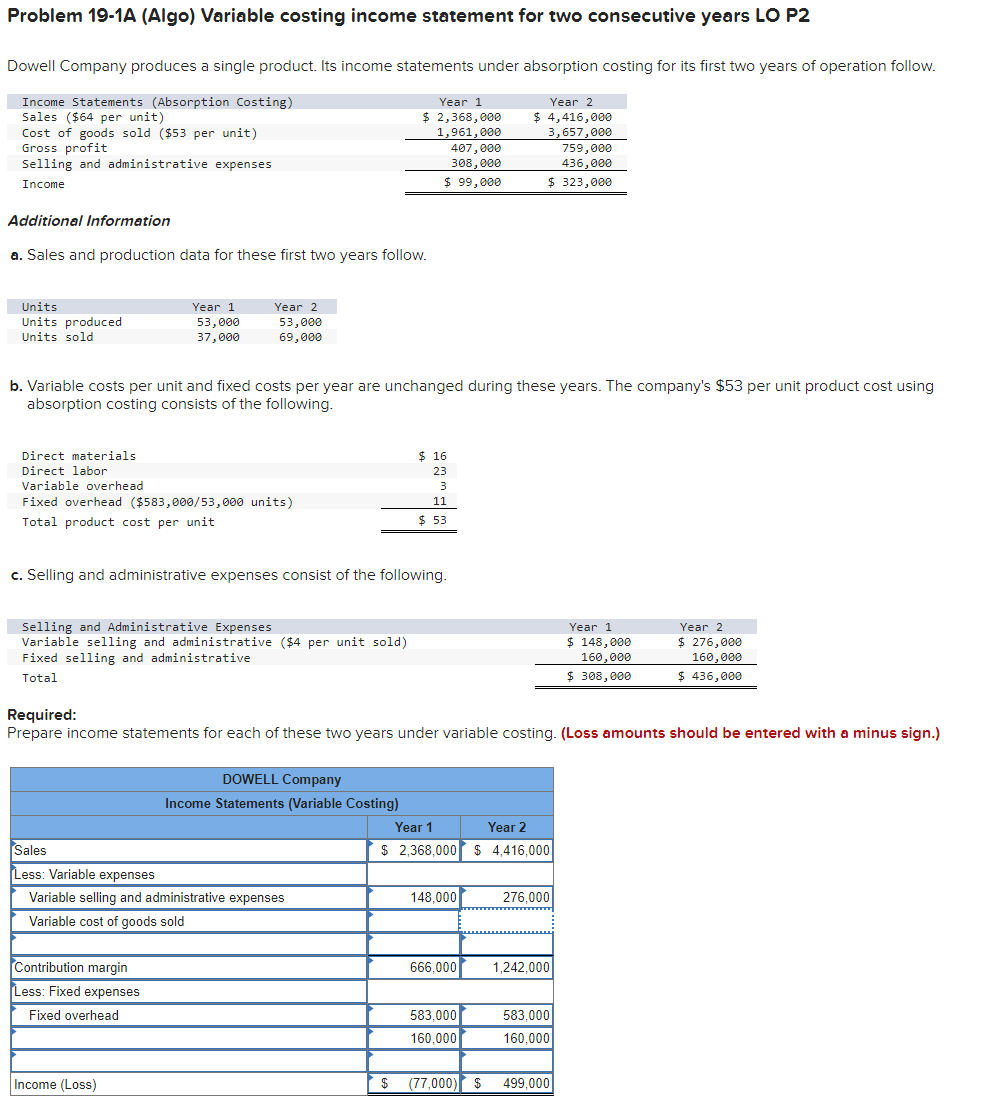 Problem 19-1A (Algo) Variable costing income statement for two consecutive years