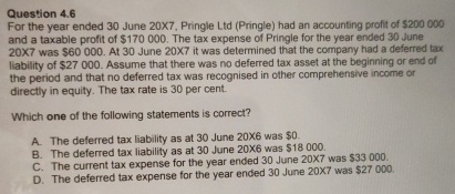 Question 4.6 For the year ended 30 June 20X7. Pringle Ltd