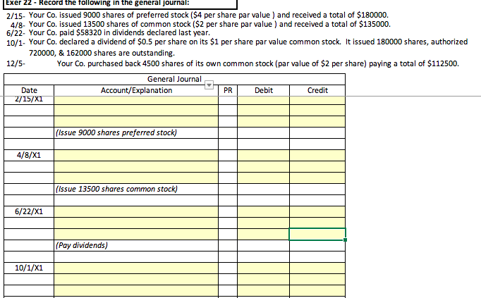 the general journal: 2/15. Your Co. issued 9000 shares of preferred stock
