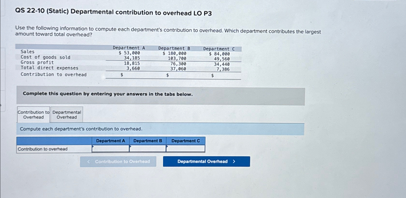  QS 22-10(Static) Departmental contribution to overhead LO P3 Use the following