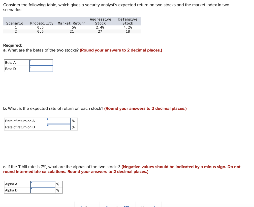  Consider the following table, which gives a security analyst's expected return
