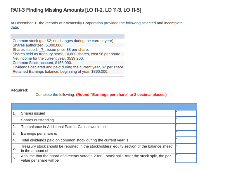  PA11-3 Finding Missing Amounts [LO 11-2, LO 11-3, LO 11-5] At
