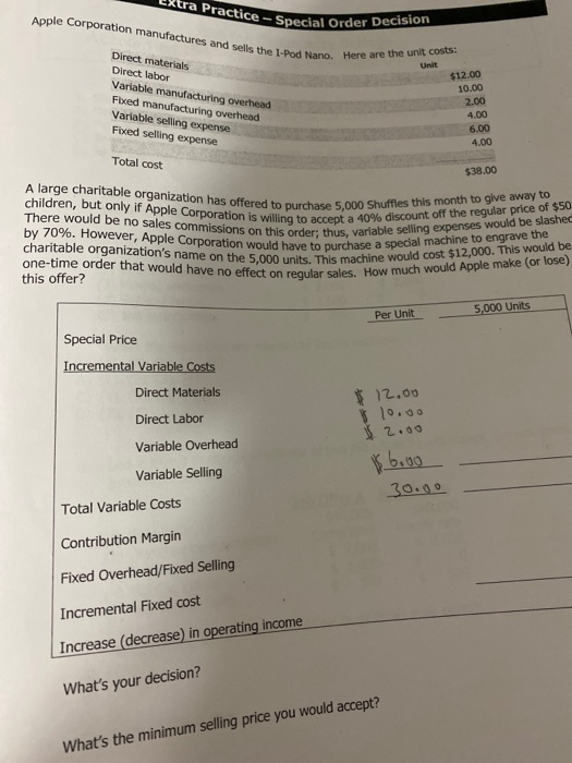  tra Practice Special Order Decision Unit Direct materials Direct labor Variable