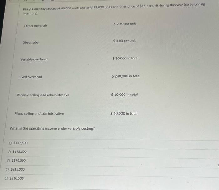 Philip Company produced 60,000 units and sold 55,000 units at a sales