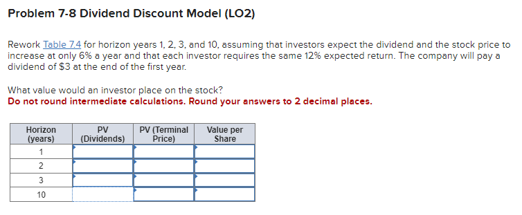  Rework Table 7.4 for horizon years 1,2,3, and 10, assuming that