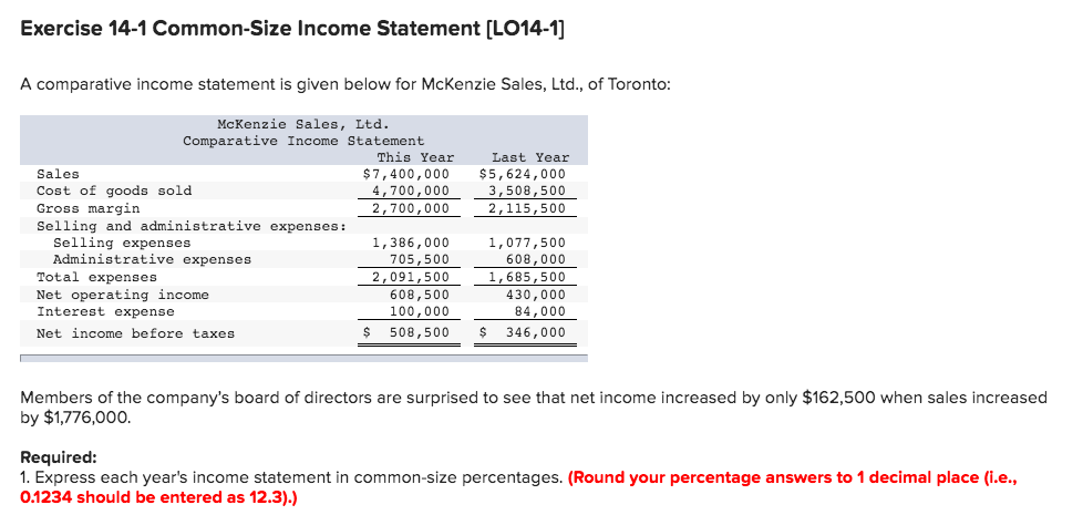  Exercise 14-1 Common-Size Income Statement [LO14-1] A comparative income statement is