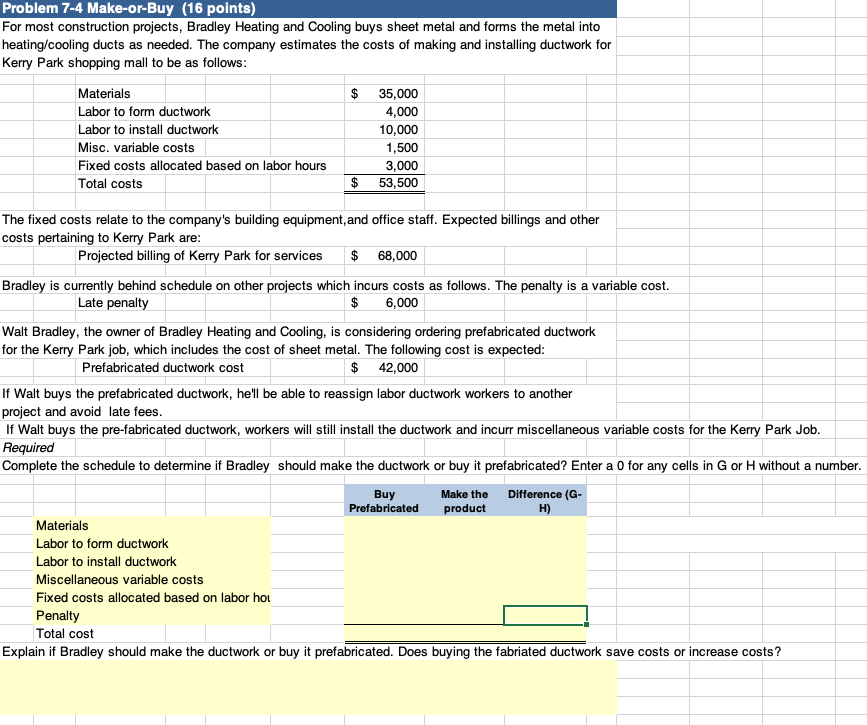Problem 7-4 Make-or-Buy (16 points) For most construction projects, Bradley Heating