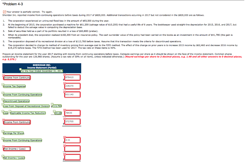 Problem 4-3 Your answer is partially correct. Try again. Sheridan Inc.