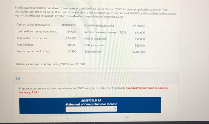requirments:a: Prepare a comprehensive income statment for 2022 using the one statement