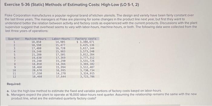  Exercise 5-36 (Static) Methods of Estimating Costs: High-Low (LO 5-1, 2)