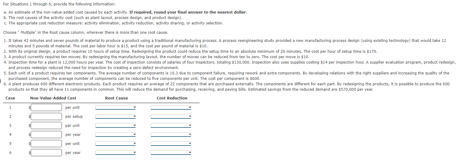 Drop down menus - LEFT RIGHT For Situations 1 through 6, provide