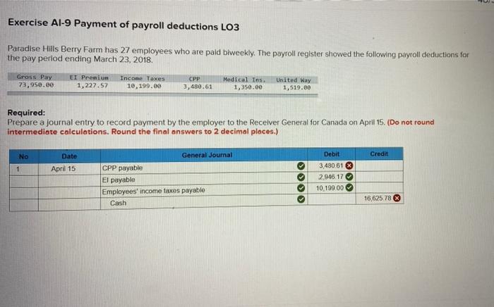 what is the correct amount of CPP PAYABLE ? Exercise Al-9 Payment