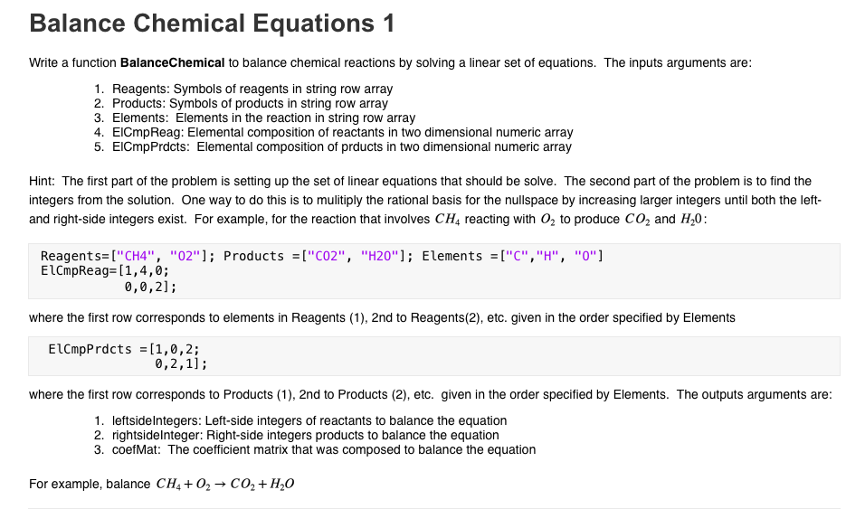 Pleasesee me code first and use Matlab. Thank You! Balance Chemical Equations