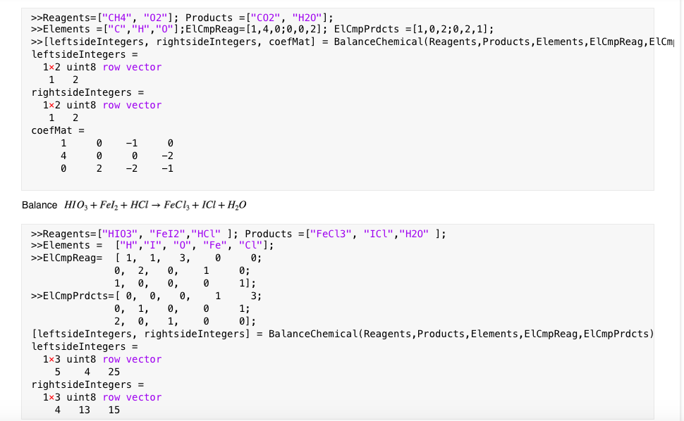 1 Write a function BalanceChemical to balance chemical reactions by solving a