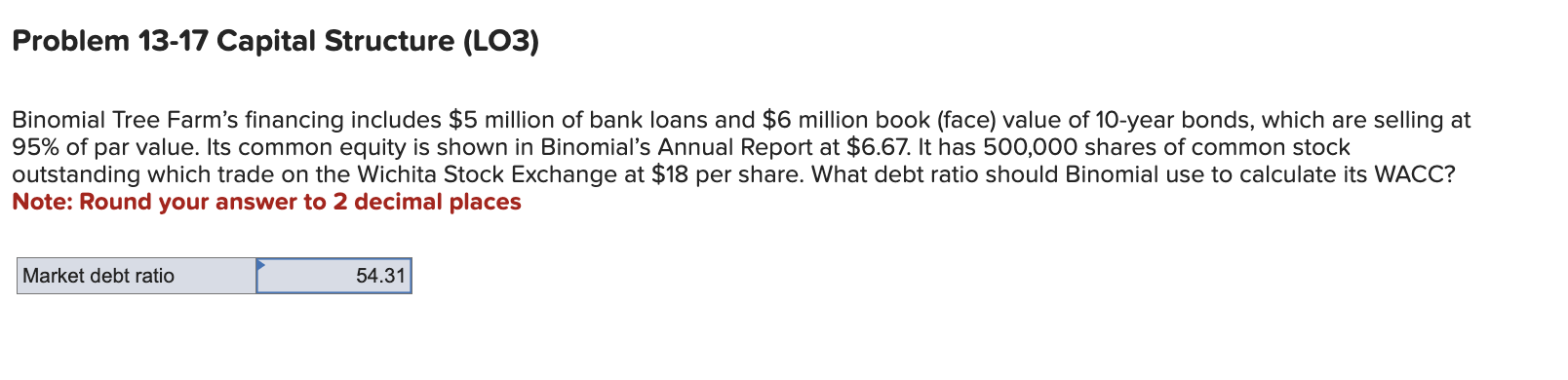  Problem 13-17 Capital Structure (LO3) Binomial Tree Farm's financing includes $5