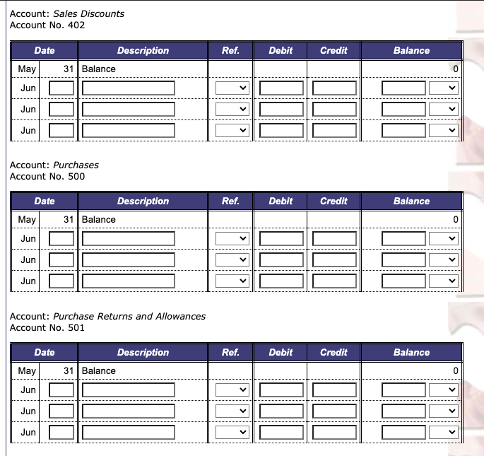 (select) Jun (select) Jun (select) PURCHASES JOURNAL Date Account Terms Post Ref.