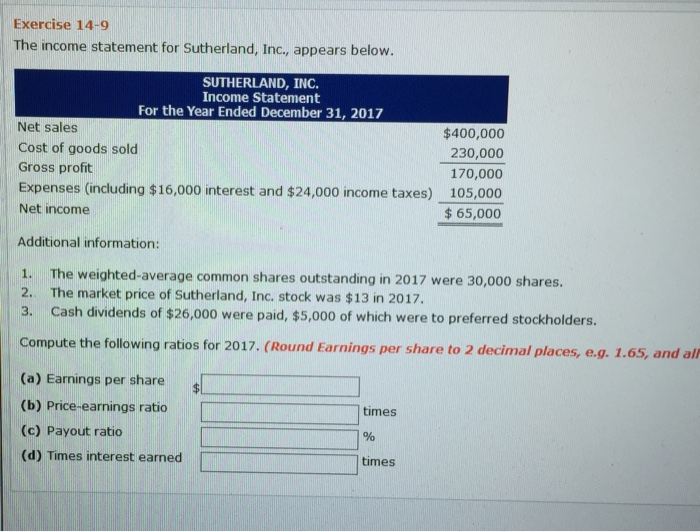  Exercise 14-9 The income statement for Sutherland, Inc., appears below. SUTHERLAND,