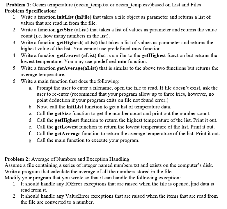  Problem 1: Ocean temperature (ocean_temp.txt or ocean_temp.csv)based on List and Files