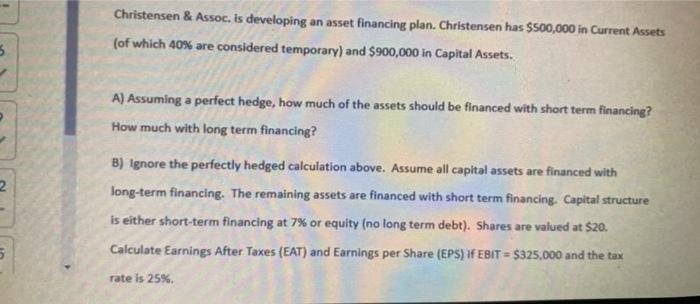  Christensen & Assoc. is developing an asset financing plan. Christensen has