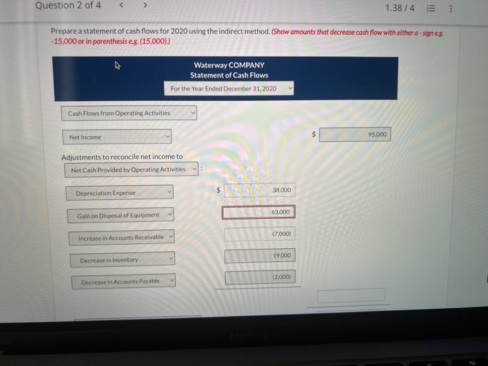 1,38/4 Additional information: 1. Net income for 2020 was $95,000. 2. Cash