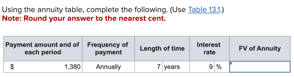  Using the annuity table, complete the following. (Use Table 13.1.) Note: